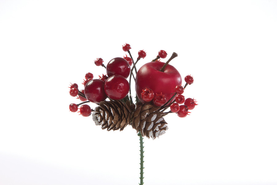 8in Mixed Red Berries & Pine Cones Wreath Pick (12pk)
