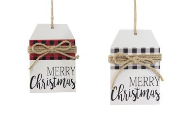 6in Merry Christmas Plaid Wood Tag Ornaments (Assorted)