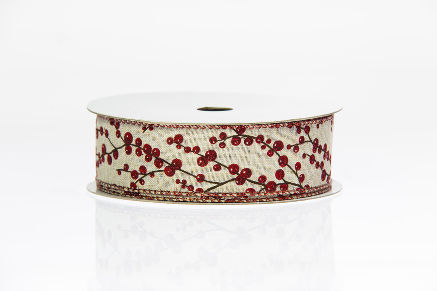 #9 Berry Joyful Linen Xmas Ribbon - Wired Edge (20yd)