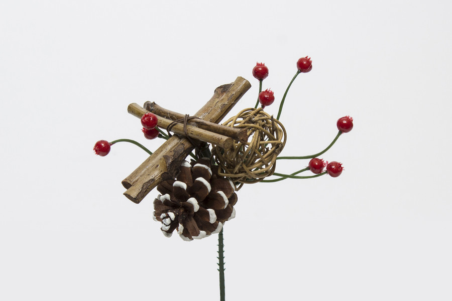 8in Mixed Wood Wreath Pick with Red Berries & Pine Cone (12pk)