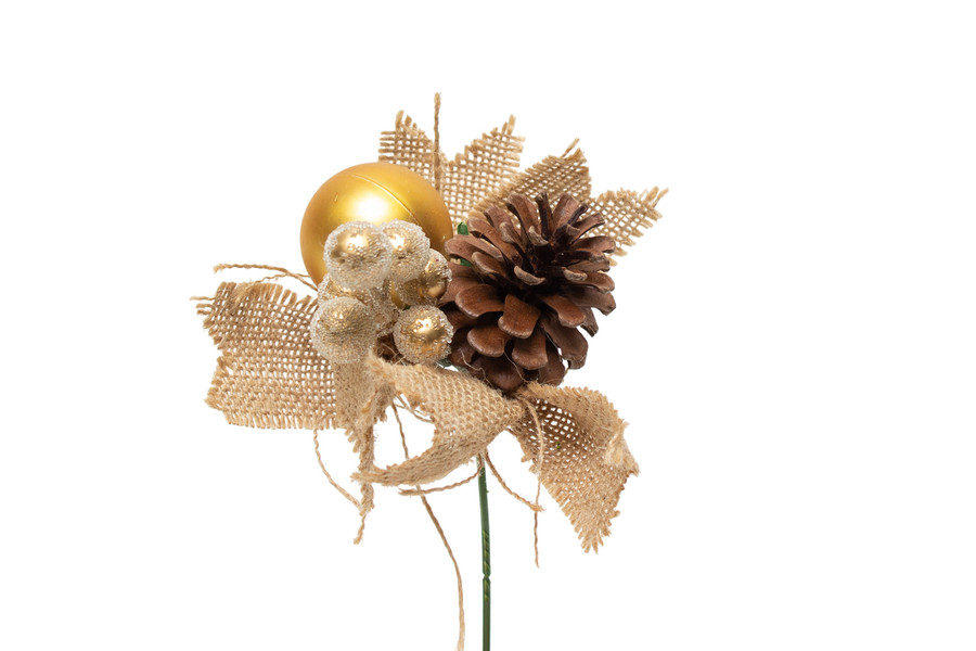 7in Gold Berry Wreath Pick with Burlap & Pine Cone - Gold (12pk)