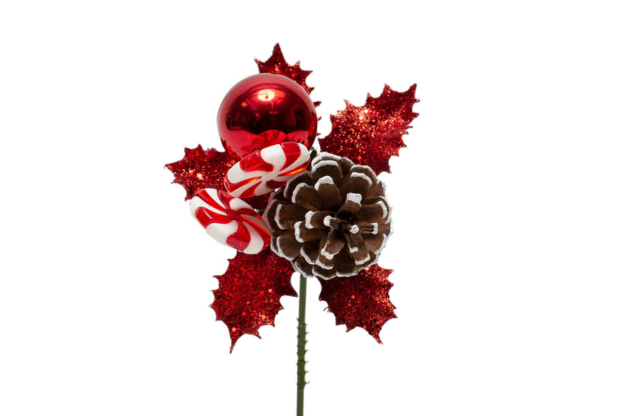 7in Glitter Holly Wreath Pick with Peppermint, Ball, & Pine Cone - Red (12pk)