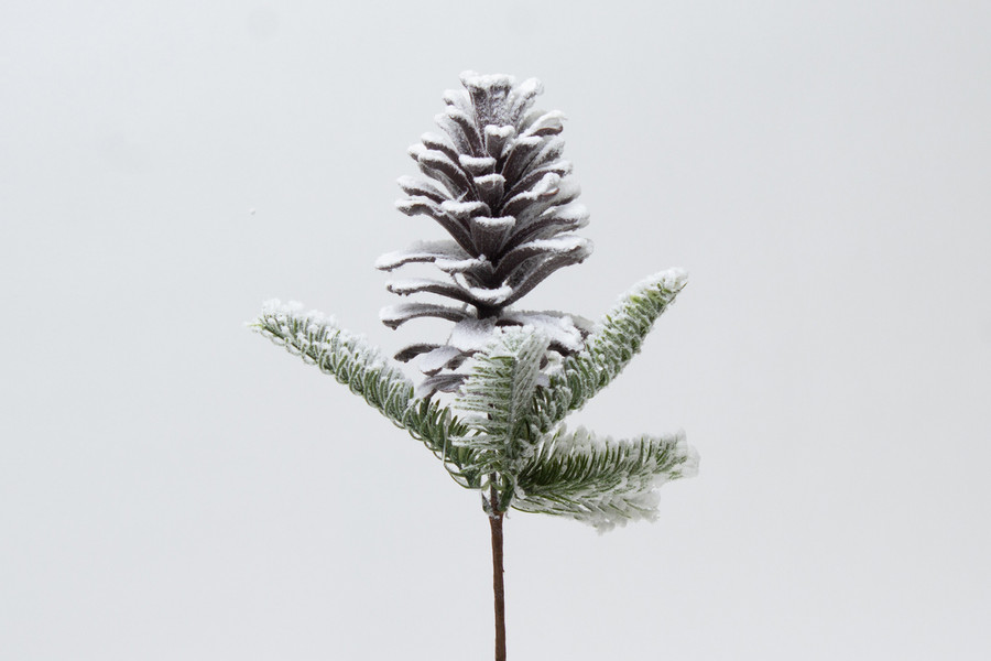 20in Flocked Faux Pine Cone Pick with Pine Greens
