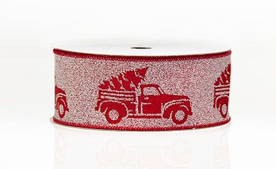 #40 Trucks N Trees Xmas Ribbon - Wired Edge (20yd)