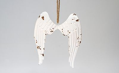 10in Tin Angel Wings Ornament with Hanger - Antique White