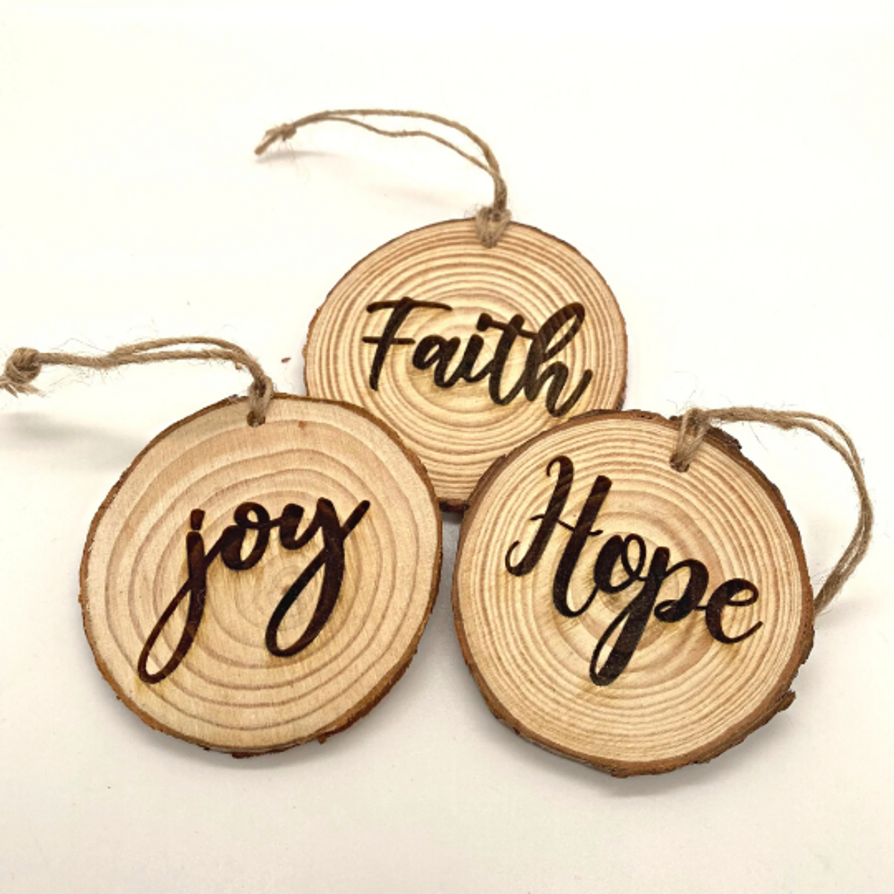 Faith Hope Joy Round Wood Ornaments