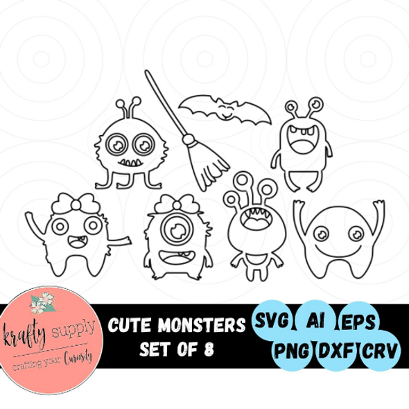 Halloween Cute Monsters | Set of 8 | Halloween SVG File | Cute Bat SVG Vector Files | Witches Broom SVG | Laser Cutting | Digital Download