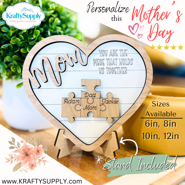 Krafty Supply's Mother's Day Heart Puzzle Sign in Birch Wood.