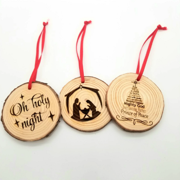 Set of 3 Round Wood Christmas Ornaments