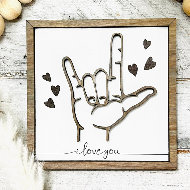 American Sign Language Gift. A Stained wooden sign with the hand symbol for I love You.