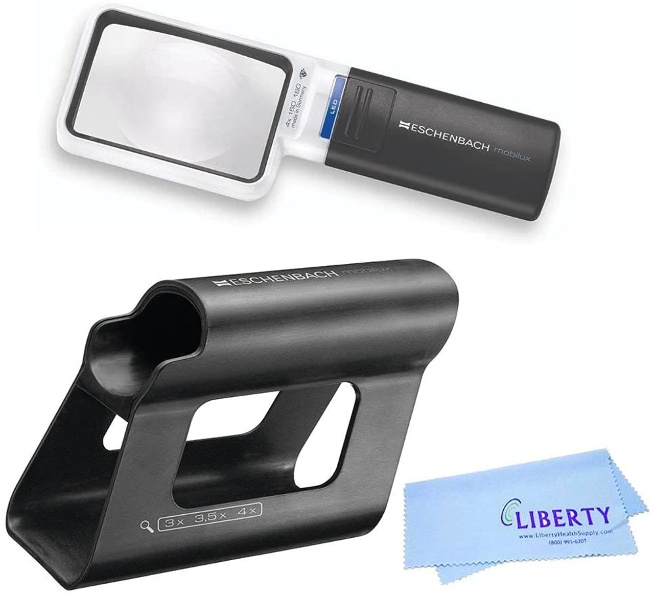 Eschenbach Mobilux LED Handheld Magnifier with Mobase Stand - Hands Free Magnifier  with Light and Stand - 3.5x and 4x Magnification - Low Vision Magnifier Aid  with Liberty Microfiber Cloth