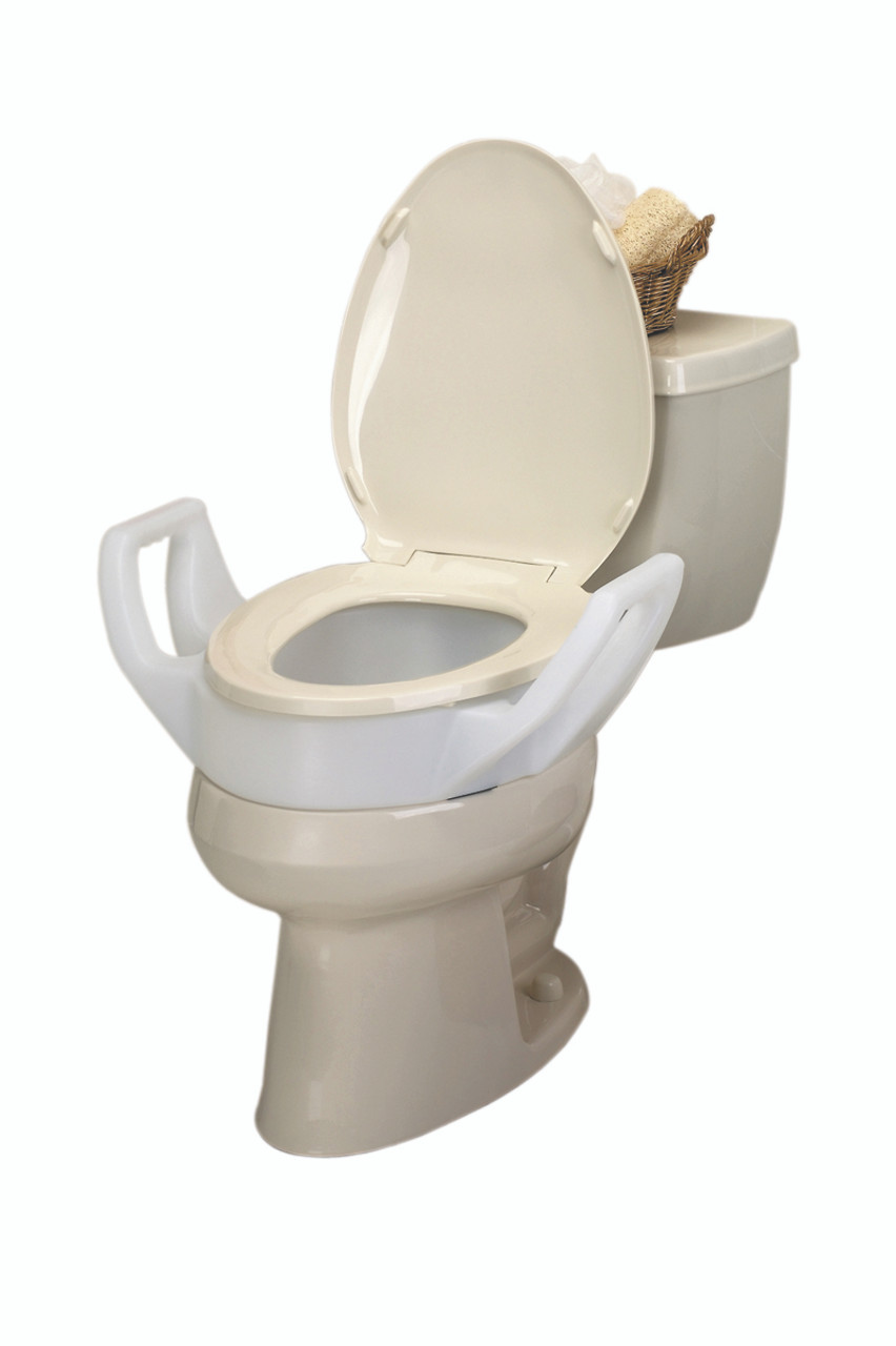 Elevated toilet seat with arms and lock-on bracket