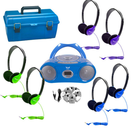 HamiltonBuhl 6-Station Listening Center with AudioAce™ Bluetooth® Boombox, 6 Colorful SchoolMate Personal-Sized Headphones, Jackbox and Carry Case