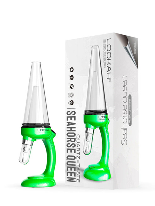 Lookah Seahorse Queen vaporizer in green, shown with the box; the device is positioned outside the box