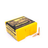 Open yellow box of Berger VLD Target bullets, .22 caliber, 90gr, product number 22423, containing 100 bullets. The box features a label with an image of a target shooting event on its lid, emphasizing the bullet's precision for competitive shooting. Two copper-colored bullets are also displayed beside the box, showcasing their sleek, aerodynamic design for long-range accuracy.