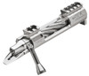 Defiance anTi X rifle action, polished stainless steel, tailored for right eject. This model features a long action suited for magnum calibers, with distinctive X-Deep anTi fluting on the barrel. It includes an anTi knob/handle, BDL system, and an integral 20 MOA Picatinny rail. Additional design elements include an integral lug, recessed bolt nose, M16 extractor, and an aluminum shroud, making it highly efficient and durable for precision shooting.