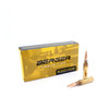 Sleek gold and black box of Berger Long Range Hybrid Target ammunition in 6.5mm Creedmoor, 144gr, product number 31081, containing 20 rounds. The package is presented with a single bullet beside it, emphasizing the ammunition's copper-colored, aerodynamic design and precision-engineered tip, ideal for long-range shooting accuracy.
