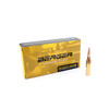 Elegant gold and black box of Berger Long Range Hybrid Target ammunition in 6.5mm Creedmoor, 144gr, product number 31081, containing 20 rounds. The package is showcased with two bullets positioned beside it, highlighting the sleek, copper-colored design and pointed tip of the ammunition, designed for precision in long-range shooting competitions.