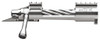 Profile view of Defiance anTi X rifle action, polished stainless steel, optimized for left-hand eject. This long action is tailored for .338 Lapua, featuring X-Deep anTi fluting, an anTi knob/handle, and a BDL system. Equipped with a 20 MOA integral Picatinny rail, integral lug, recessed bolt nose, M16 extractor, and an aluminum shroud, it is designed for high precision and durability in competitive shooting.