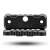 Front view of a black MDT M-LOK exterior forend weight, from the 2-pack set model 107304-BLK, featuring a beveled design with a central circular cutout and two smaller mounting holes. The MDT logo is engraved near the top, and a ribbed lower section provides additional grip and aesthetic detail. The weight is set against a white backdrop, highlighting its intricate design and functionality as a precision rifle accessory.