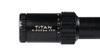 Element Optics Titan 5-25x56 FFP rifle scope, where the model name "TITAN" is printed in bold, white letters. Also featured is the specification "5-25x56 FFP", denoting the scope's magnification range and the diameter of its objective lens, along with the "FFP" indicating its First Focal Plane reticle design. The photograph's composition focuses on the scope's mid-section, highlighting the quality of its construction with a sleek black finish and precise machining on the zoom ring. This image is ideal for use in marketing materials where highlighting the brand and model specifications is crucial for consumers seeking a high-powered, reliable optic for precision shooting applications.