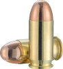 Close-up of two Norma .45 Auto FMJ 230 GR bullets, showcasing their full metal jacket design with polished copper tops and brass casings. These rounds are known for their reliability and consistency, making them ideal for target shooting and training purposes. The bullets are depicted with a reflective surface that highlights their high-quality craftsmanship.