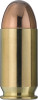 Vertical image of a single Norma .45 Auto FMJ 230 GR bullet, displayed to emphasize its full metal jacket design. The bullet showcases a polished copper top and a brass casing, reflecting its durable construction suited for reliable performance in target shooting and training scenarios. The bullet is set against a black background to highlight its sleek, precise form.