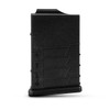 Side profile of a black MDT Polymer Gen 2 magazine for short action rifles, with a capacity of 10 rounds, compatible with .308 Winchester and 6.5 Creedmoor rounds, model 104447-BLK. The magazine has a distinctive angular design for a secure grip and clear, white text for easy identification, set against a white background.