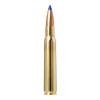 The image displays a .30-06 Springfield 180-grain Bondstrike cartridge from Norma Ammunition. This ammunition is specifically designed for long-range hunting, featuring a blue polymer tip which helps with aerodynamics, improving accuracy over long distances. The bullet is known for its high weight retention and deep penetration, which are crucial for effectively taking down large game. The design and construction of the Bondstrike bullet ensure optimal performance in terms of trajectory and impact effectiveness.