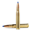 Close-up of two Norma Bondstrike .30-06 caliber 180 grain bullets. The bullets feature a polished brass casing and a blue polymer tip for enhanced accuracy and performance. This high-resolution image emphasizes the sleek, aerodynamic design of the ammunition, suitable for long-range hunting.