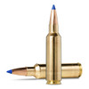 Two .300 WSM caliber Norma Bondstrike bullets with 180 grain weight, displayed side by side. These bullets feature a polished brass casing and a distinctive blue polymer tip designed for precision and long-range impact. The image showcases the streamlined, aerodynamic shape of the bullets, ideal for extreme range hunting.