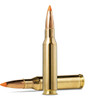 Two 7mm-08 Remington Norma Tipstrike bullets with 160 grain weight, shown side by side. These bullets are characterized by their polished brass casings and orange polymer tips, which are designed for quick expansion and enhanced terminal performance. The image highlights the bullets' aerodynamic shape, suitable for precision hunting applications.