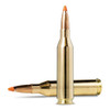 Two .243 Winchester Norma Tipstrike bullets with 76 grain weight, displayed side by side. These bullets feature polished brass casings and distinctive orange polymer tips, engineered for rapid expansion and high stopping power. The high-resolution image showcases the bullets' streamlined design, ideal for effective hunting and shooting performance.