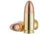 Two high-resolution 9mm Luger Full Metal Jacket bullets with 115 grain weight, showcased against a white background. These bullets feature shiny brass casings and smooth copper-colored tips, emphasizing their design for reliable feeding and consistent performance. Ideal for target shooting, the image highlights the bullets' precision manufacture.