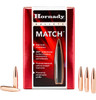 Box of Hornady Match Bullets, 22 Caliber, .224 Diameter, 75 Grain BTHP (Boat Tail Hollow Point), model number 2279, containing 100 bullets. The box is presented in vibrant red with a clear viewing window that showcases the precision-engineered, silver-colored bullets. Detailed product features are listed on the packaging, emphasizing high levels of accuracy, AMP jacket design for uniformity, precisely balanced cores, and a pioneering secant ogive profile. This packaging effectively highlights the bullets' advanced capabilities for competitive shooting and precision targeting.