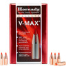 Box of Hornady V-Max Bullets, 22 Caliber, .224 Diameter, 50 Grain, model number 22261, packaged in quantities of 100. The box is presented in striking red with a clear viewing window that displays the sleek, polymer-tipped bullets. The packaging highlights features such as high levels of accuracy, AMP jacket design for uniformity, rapid expansion on impact, and a recommended velocity range of 2000 to 4000 fps, making it ideal for hunting and precision shooting. This box emphasizes the bullets' capabilities for flat trajectories and devastating terminal performance.