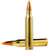 Two .223 Remington Norma Tipstrike-Varmint bullets with 55 grain weight, displayed side by side. These bullets feature polished brass casings and bright orange polymer tips, designed for enhanced accuracy and effective performance against varmints. The image highlights the precise engineering and aerodynamic shape of the bullets, ideal for hunting small game.