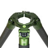 Overhead view of the FatBoy Traverse Tripod's crown, highlighting the two-section design with striking green accents on the locking mechanisms. The circular open center allows for a tripod head attachment, surrounded by the robust carbon fiber legs. This image captures the detailed engineering and ergonomic design of the tripod's upper section, set against a white backdrop to enhance the vibrant color and structural elements.