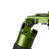 Zoomed-in view highlighting the intricate design of the FatBoy Traverse Tripod's leg joint in a vivid green color. The joint mechanism features a central pivot and release buttons for leg adjustment. The combination of the green metal against the dark carbon fiber textures showcases the tripod's high-quality construction and functionality, with a crisp white background to draw attention to the detailed craftsmanship.