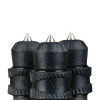 The FatBoy Traverse Tripod leg ends shown with pointed metal spikes protruding from the rubber caps, which are part of the twist lock system. These spikes are designed for stability on soft grounds. The image focuses on the blend of functionality and durability with a close-up of the spikes and ribbed locking rings against a light background, highlighting the tripod’s adaptability to various terrains.