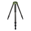 The FatBoy Traverse Tripod, presented here with a three-section leg design for added height and stability. It features black carbon fiber legs and distinctive green adjustment rings at the apex, with robust rubber feet for secure placement. This tripod is designed for photographers who need both portability and durability in outdoor settings, captured against a white backdrop to emphasize its sleek, professional look.