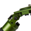 Close-up shot of the FatBoy Traverse Tripod's leg hinge and locking mechanism, showcasing the engineering precision of the three-section design. The metallic green fixture is fitted with a black quick-release button and an adjustment pivot. This detailed view emphasizes the tripod's functionality and build quality, set against a white background to highlight the contrast between the components.