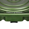 Close-up of the FatBoy Traverse Tripod's platform release mechanism, which is highlighted by an engraved label 'Platform Release' with a directional arrow. The green metallic platform showcases a matte finish with a lever for the quick-release feature. This detail shot against a blurred background emphasizes the tripod's functional design and the ease of swapping out equipment.
