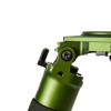 This image provides a detailed view of the hinge and leg angle adjustment mechanism on the FatBoy Traverse Tripod with three sections. The vibrant green metal contrasts with the black detailing of the push-button lock. The design facilitates easy leg repositioning for various shooting angles, showcasing the tripod's practicality and durability, with the focus sharply on the mechanism against a white background.