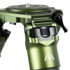 A close-up view of the FatBoy Traverse Tripod's upper section, highlighting the green anodized aluminum structure with an adjustment knob and locking lever. The leg angle lock and the FatBoy logo are also visible, demonstrating the tripod's robust build and attention to detail. This part of the tripod is critical for customizing the stability and level of the equipment it supports, captured against a softly focused background.