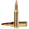 Two 7mm-08 Remington Norma WHITETAIL bullets with 150 grain PSP (Pointed Soft Point) weight, displayed side by side. These bullets feature polished brass casings and copper tips, tailored for effective performance in deer hunting. The image highlights their sleek design and aerodynamic build, which ensures precision and impactful penetration on game.