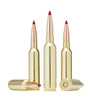 Three 7mm PRC 175 grain ELD-X Hornady ammunition cartridges standing upright with one lying horizontally, showcasing the brass casing and red-tipped bullets, on a white background. Product code 80712, quantity 20.