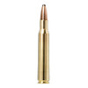 The image shows a 30-06 Springfield cartridge loaded with a 150-grain Pointed Soft Point (PSP) bullet, specifically the Norma Whitetail line of ammunition. The 30-06 is a popular choice for hunting because of its effectiveness at long ranges and its versatility in hunting various game sizes, including deer, as suggested by the "Whitetail" branding. The PSP design is particularly effective for hunting, as it offers both reliable penetration and expansion upon impact, which is crucial for ensuring a quick and humane kill. This type of bullet is designed to maintain its trajectory over long distances while causing significant damage upon impact, making it a preferred choice for hunters targeting medium to large game.