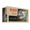 Box of Norma Hunter Power .22 LR ammunition, with product number 2425096, containing 50 rounds. The box features an image of a squirrel, emphasizing the ammunition's suitability for small game hunting. It boasts high velocity hollow point bullets with a flat trajectory, ideal for precision shooting. The packaging is beige with detailed specifications and performance metrics, targeting hunters and sport shooters looking for effective .22 caliber rounds.