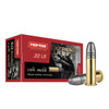 Box of Norma XLR .22 LR long-range ammunition, product number 2421115, containing 50 rounds. The box is designed in red and black, featuring an image of a shooter aiming a rifle, emphasizing the ammo's precision for long-range targeting. The bullets shown beside the box have a unique design, optimized for reaching farther and hitting harder, suitable for competitive shooting and precision practice.